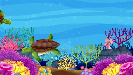 animated sea turtle swims through vibrant coral reef.