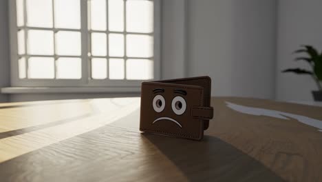 brown leather wallet with a sad face is lying on a wooden table in a sunlit room, symbolizing financial difficulties and economic hardship