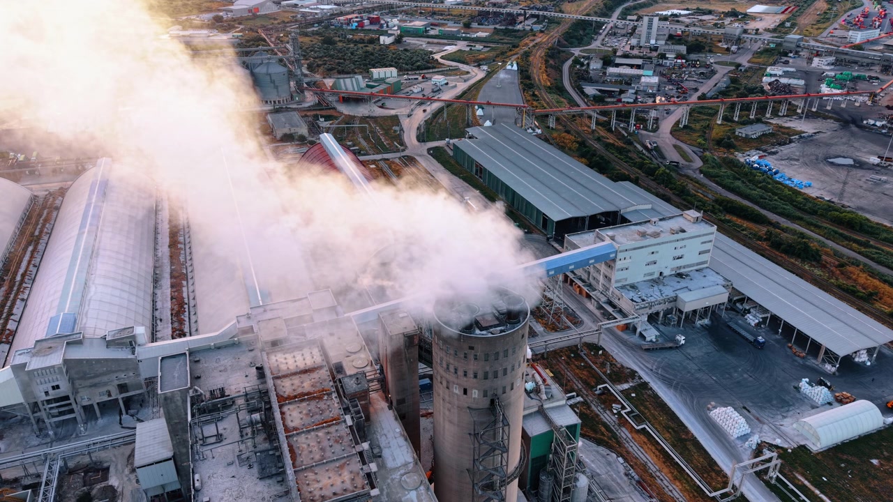 Fumo denso che fuoriesce da una ciminiera di fabbrica. Una prospettiva aerea dall'alto cattura un camino in cemento che rilascia un grande pennacchio bianco sopra i tetti dell'impianto