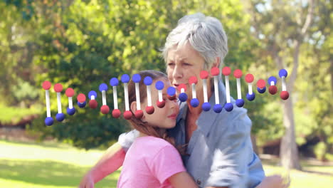 animation of dna strand over happy caucasian grandmother with granddaughter embracing in park