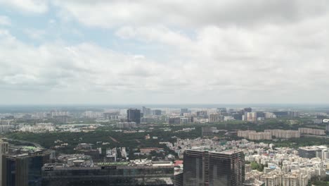 deforestation in a city is depicted in cinematic aerial footage with green groves and skyscrapers