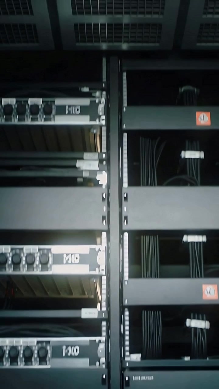 Vertikal video: Vippende kamera afslører serverrack i datacentersgang, inspicerer kabelbundter