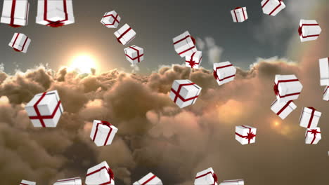 animation of falling gifts over cloudy sky