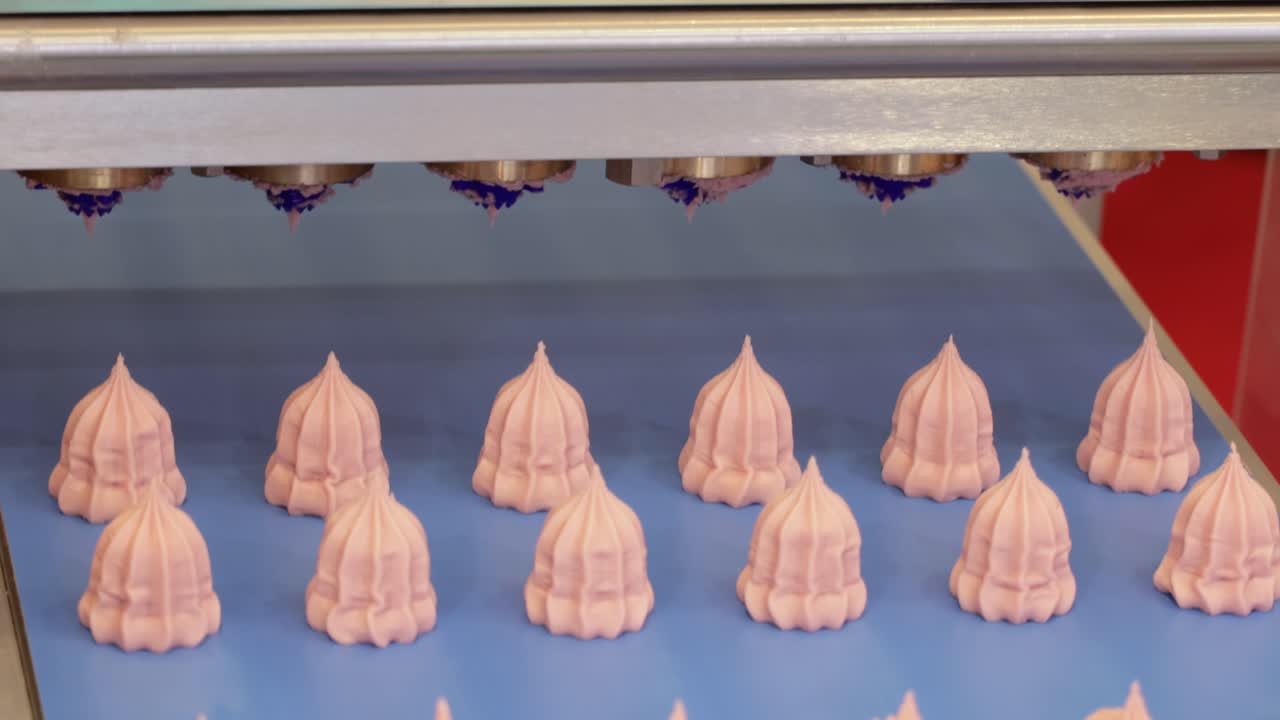 자동 컨베이어 벨트에 케이크 , 과자 공장에서 베이킹의 과정 .