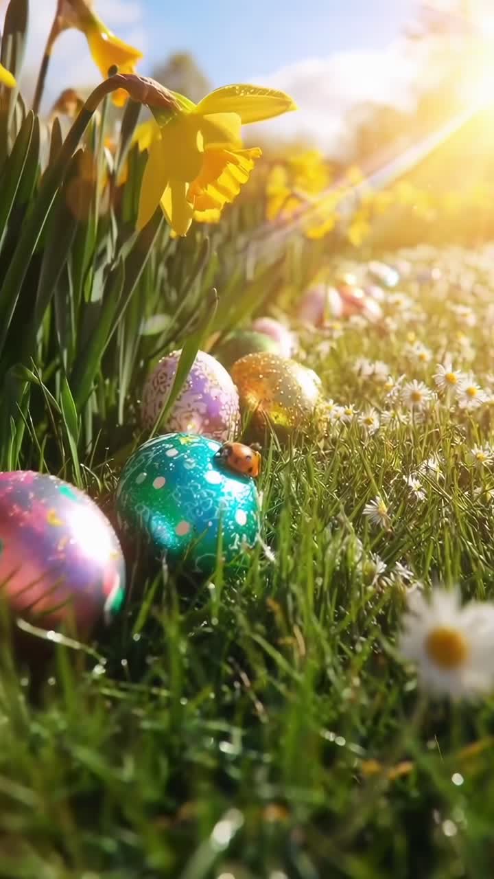 Low-angle video of colorful Easter eggs and flowers in a sunlit meadow, capturing spring vibes