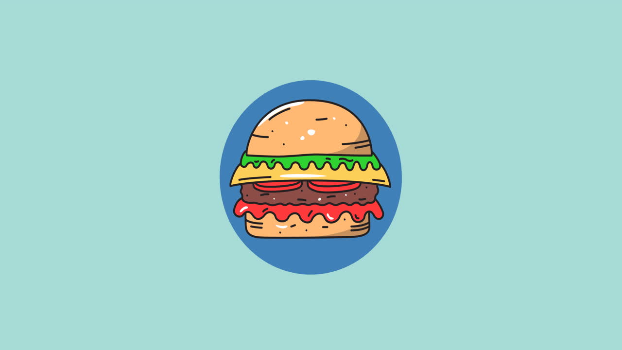 animación de hamburguesa en movimiento sobre fondo azul