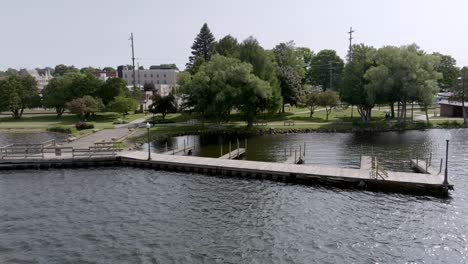 Lake-Cadillac-in-Cadillac,-Michigan-with-drone-video-moving-right-to-left