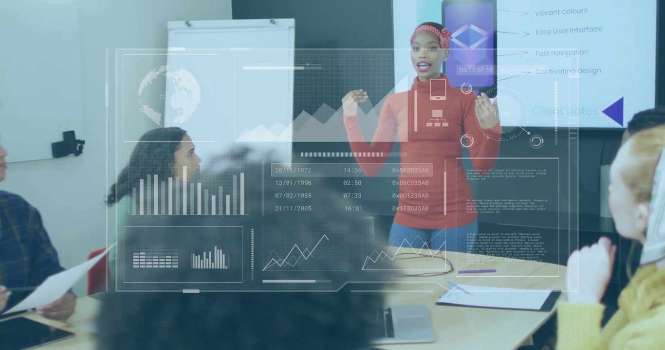Animation of data processing over diverse business people at meeting