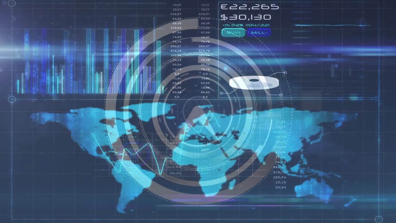 세계 지도를 가로질러 움직이는 시계와 다양한 데이터의 애니메이션