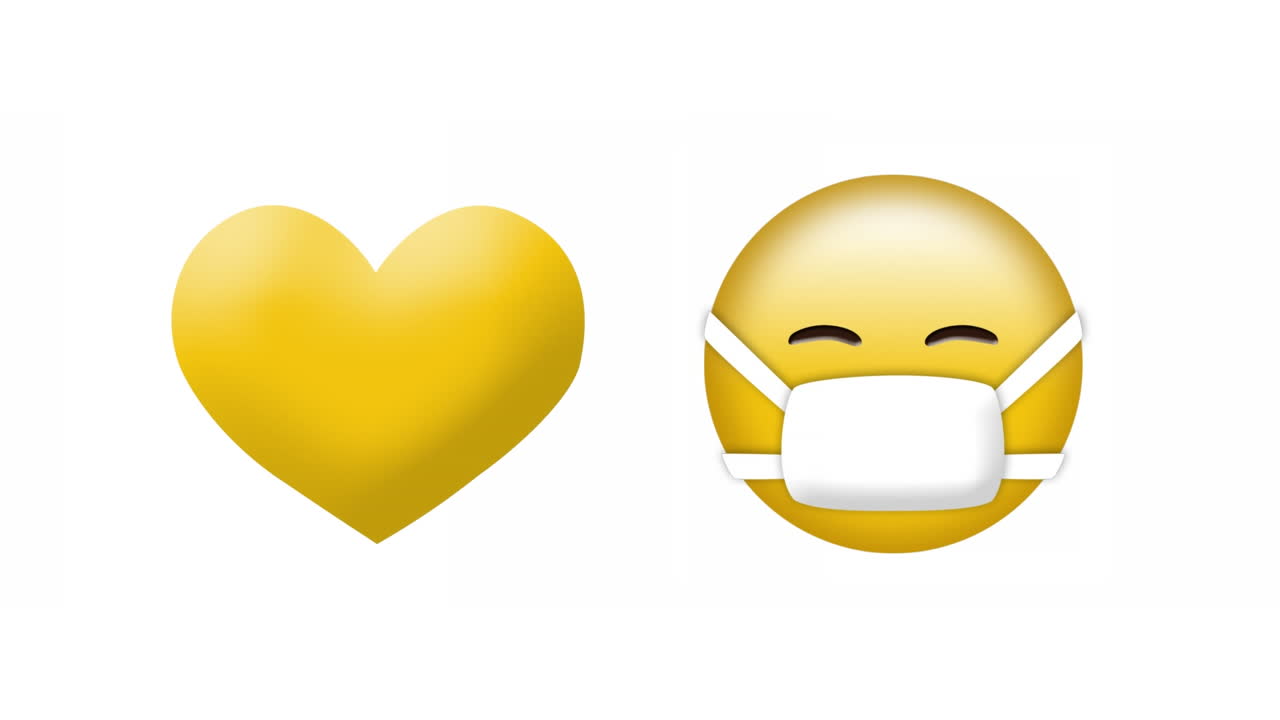 ⁇ 색 배경 위에 깨진 마음과 얼굴 마스크 이모지 아이콘의 애니메이션