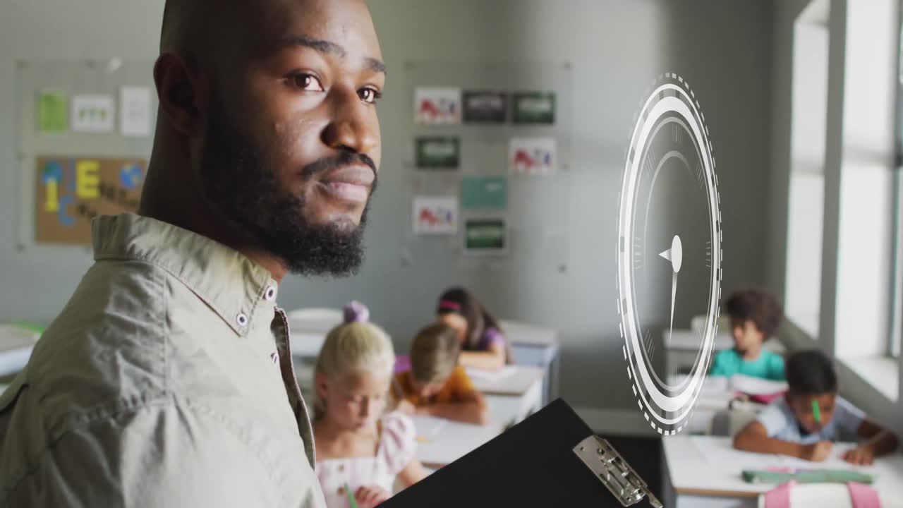 Animation of clock over african american male teacher with diverse pupils in classroom