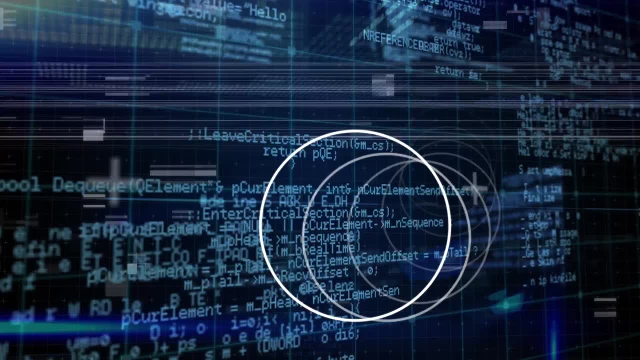 Animation of circles over data processing in blue and black space