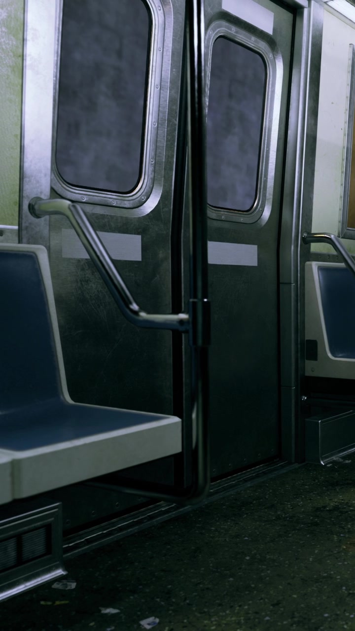 L'interno di un treno mostra sedili e porte vuote nella metropolitana cittadina al mattino presto.