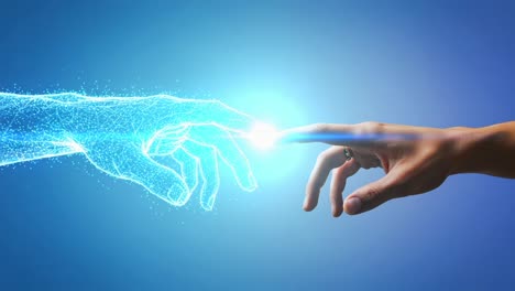 a digital representation of connection: exploring the intersection of technology and humanity through a glowing hand reaching out in a moment of potential interaction