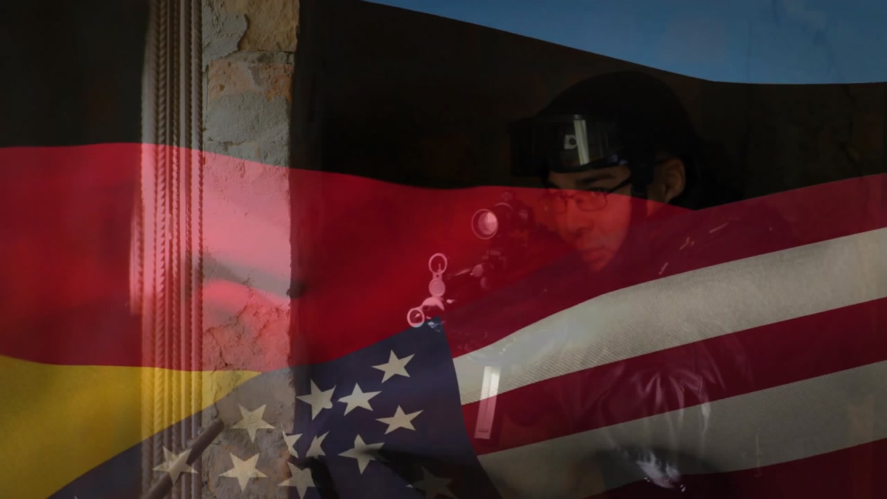 Security guard aiming scoped rifle through bars while German flag shifting into US flag