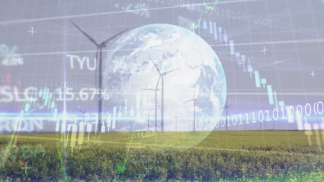 animación de diagramas y procesamiento de datos con globo sobre campo con turbinas eólicas