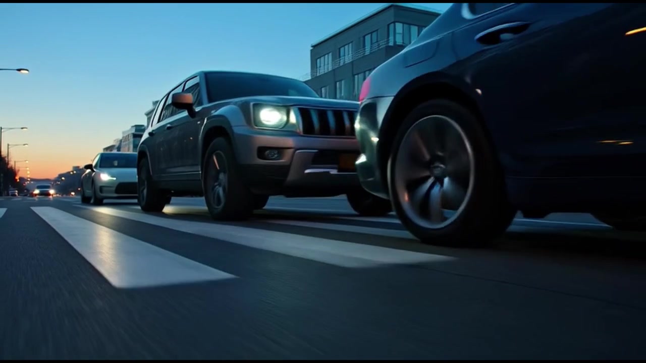 Autoja ajamassa kaupungin kadulla hämärässä