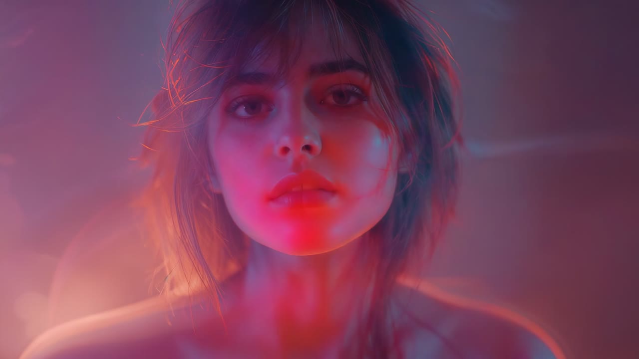 Camera capturing model lifting chin and opening eyes in studio shoot, with red-blue lights and haze