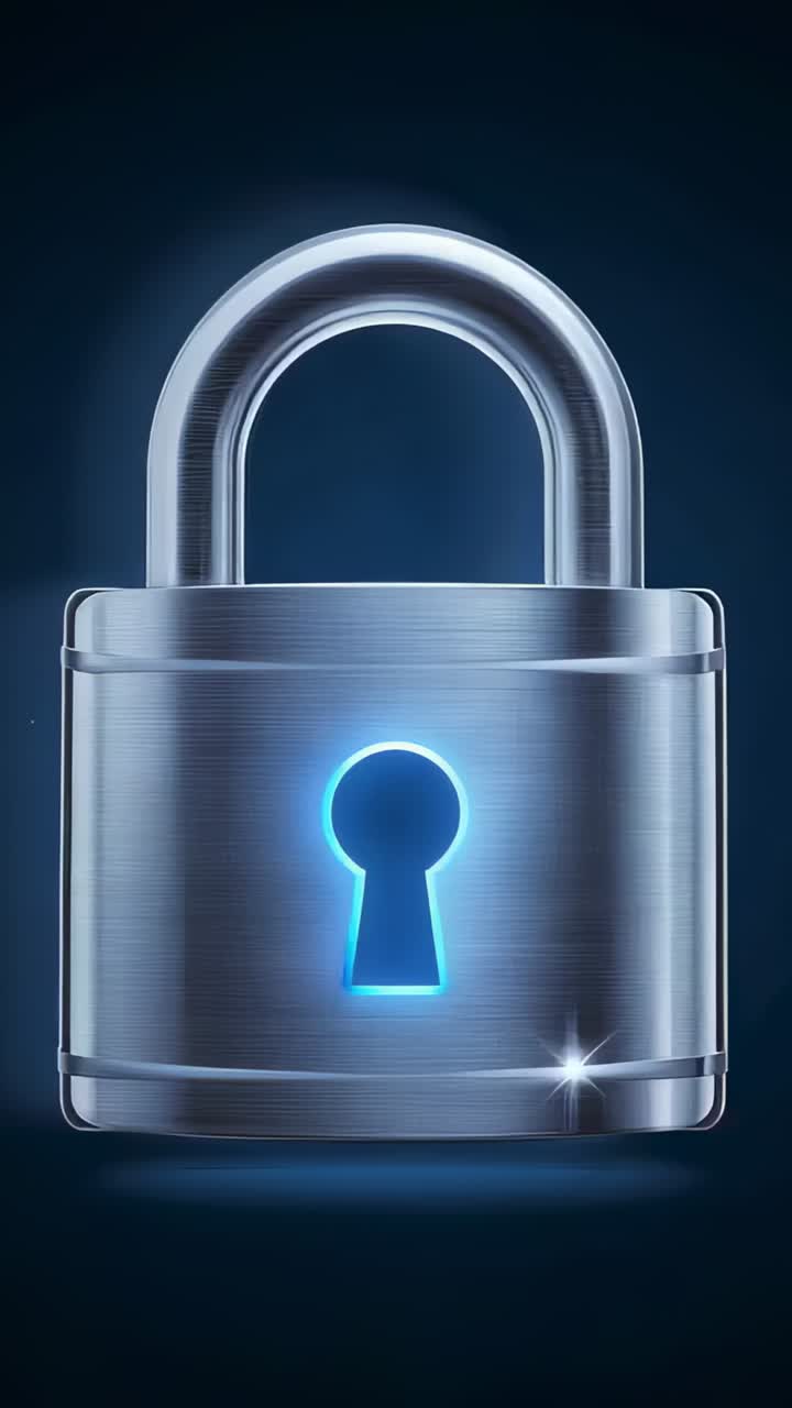 Vertical video: Starting animation chrome padlock rotating on dark blue, showcasing cyan keyhole