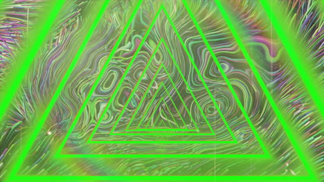 animation of neon triangles over colourful liquid background