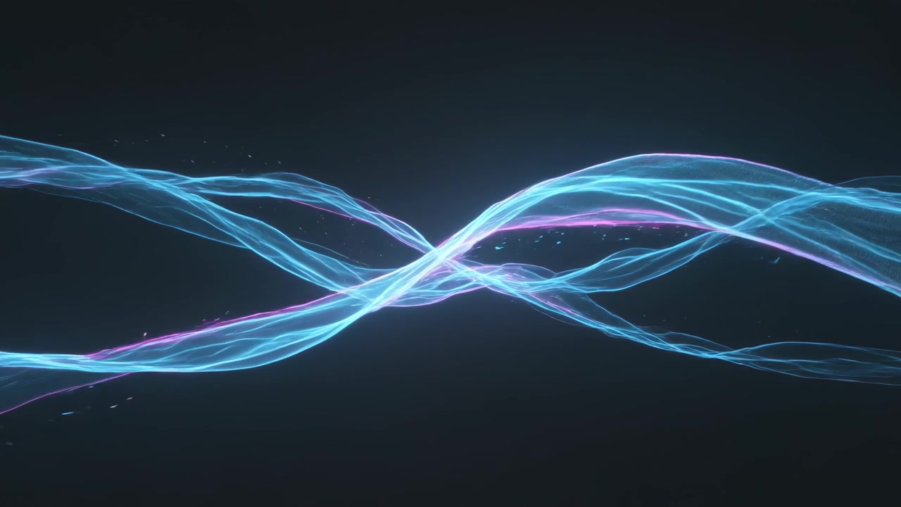 Approaching cyan ribbons converging to cross, weaving across dark void, magenta core and specks