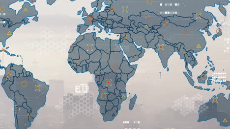 animation of world map with data symbols overlaying urban landscape in school