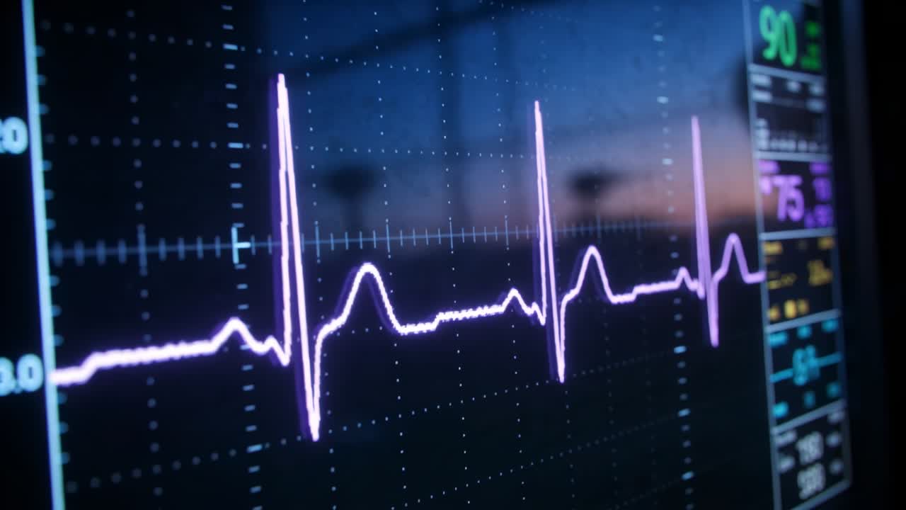Visualizzazione di una traccia ECG viola, generata dal battito cardiaco, su un monitor di reparto a griglia con parametri vitali e riflessi.