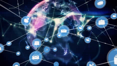 animating email and communication icons over digital world map with network connections