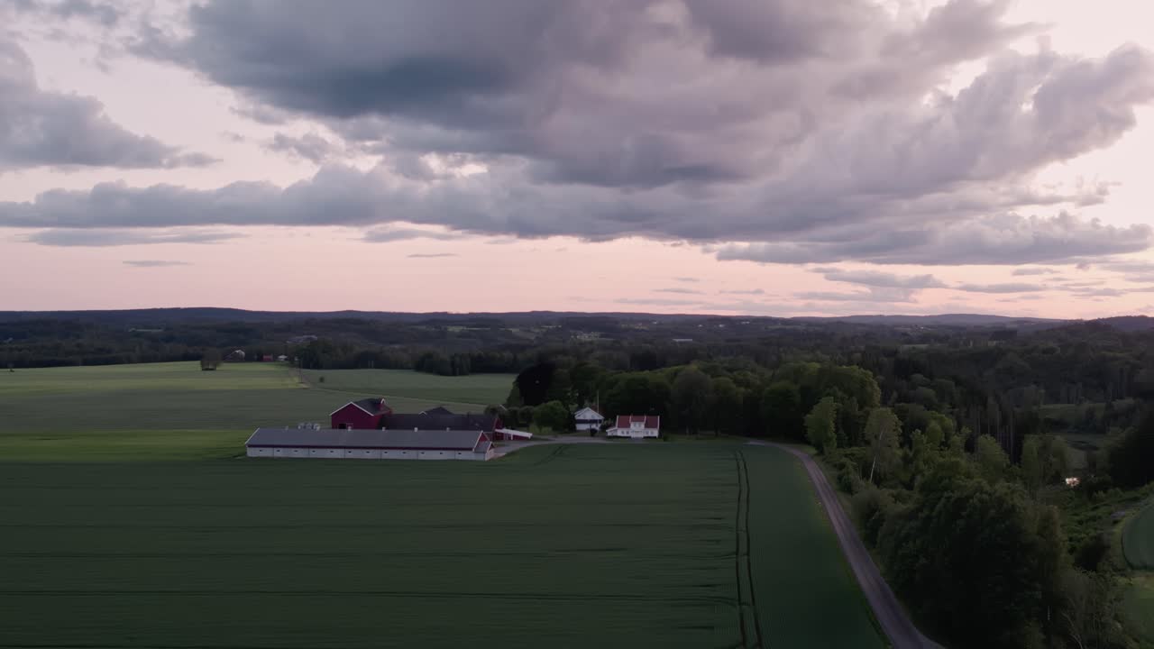Aerial View of a Farm in the Rural Countryside near Oslo, Norway