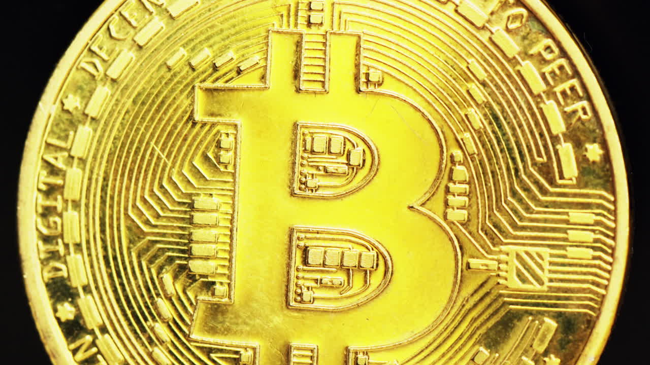 Close up macro golden bitcoin crypto currency blockchain