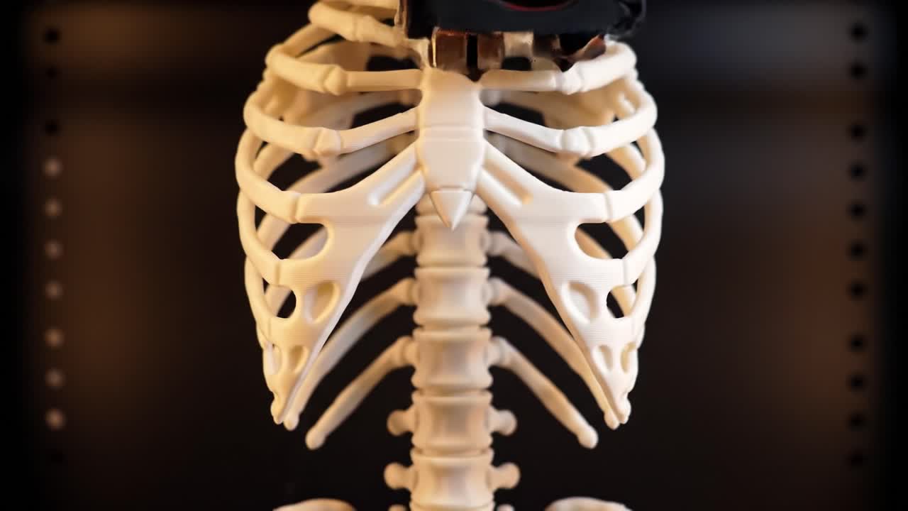 A Detailed Look at a 3D Printed Human Ribcage Model, Showcasing the Intricate Structure of the Skeleton from a Frontview Angle with a Focus on Rib Positioning