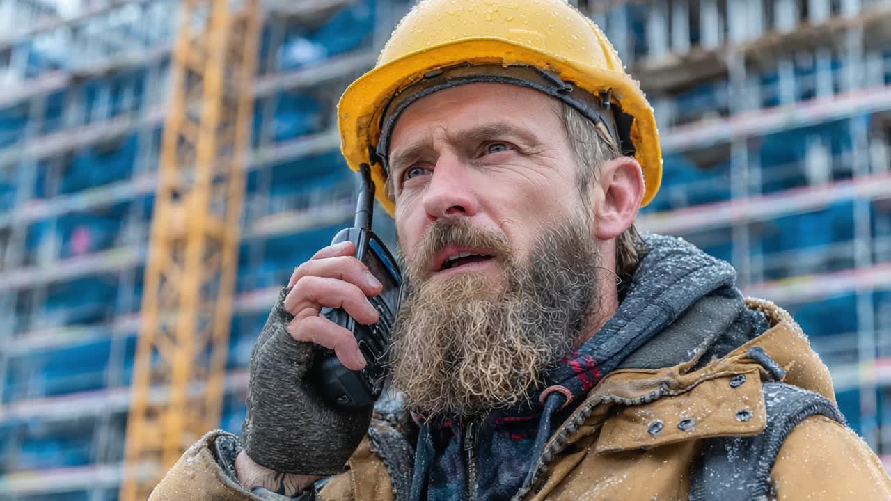 Un operaio edile con un cappello giallo comunica tramite walkie-talkie in un cantiere attivo, dimostrando la sua dedizione e concentrazione sul progetto