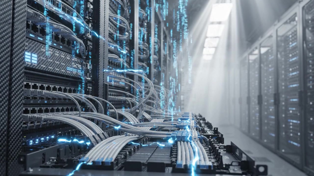 Inside a Modern Data Center: High-Tech Server Racks with Luminous Cables and Flowing Digital Data Streams in a Brightly Lit Environment