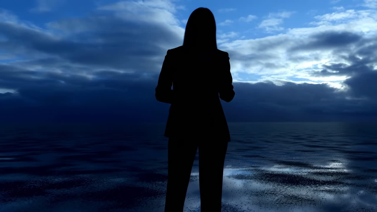Silhouette of a Businessperson Standing Against a Dramatic Sky and Water