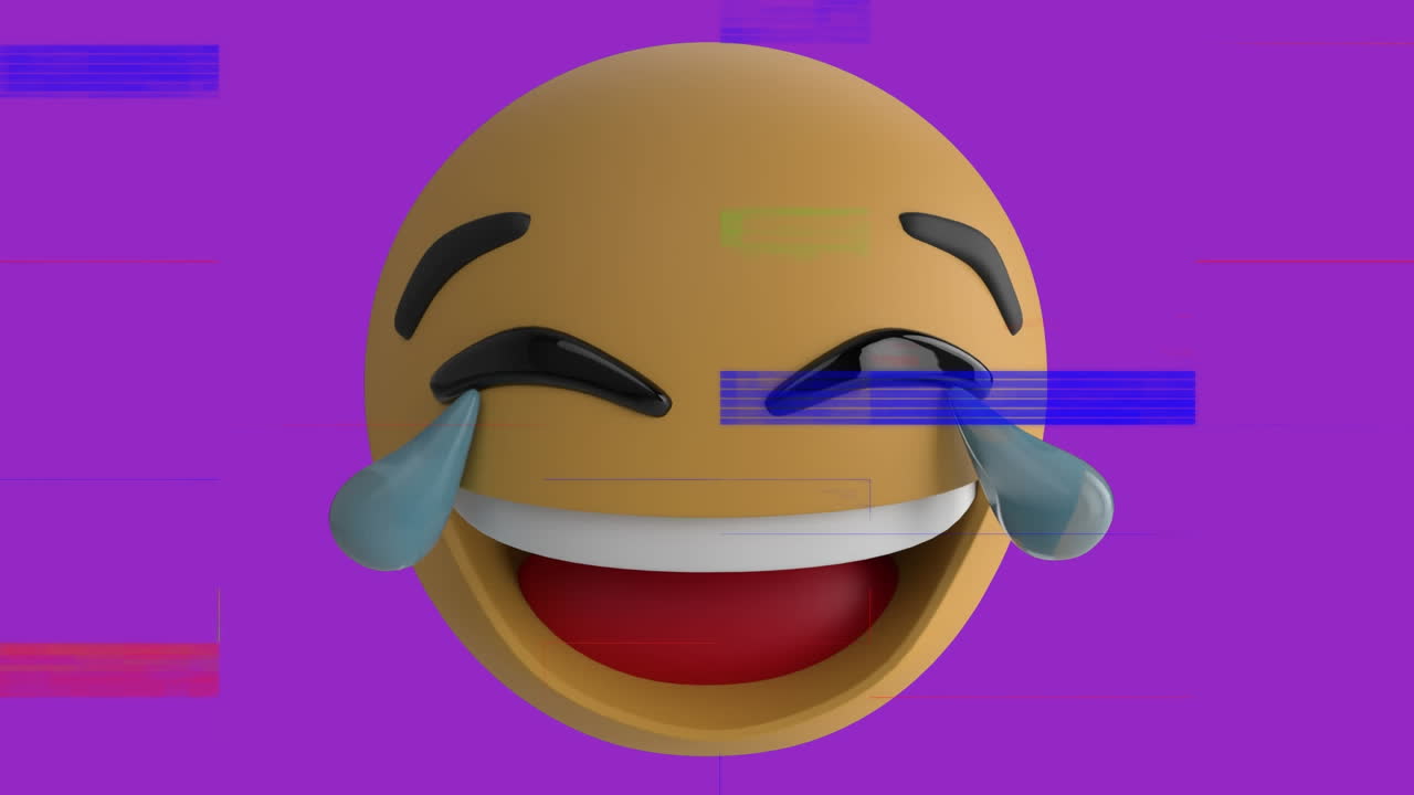 Animation of smile emoji over noise on screen on purple and white background
