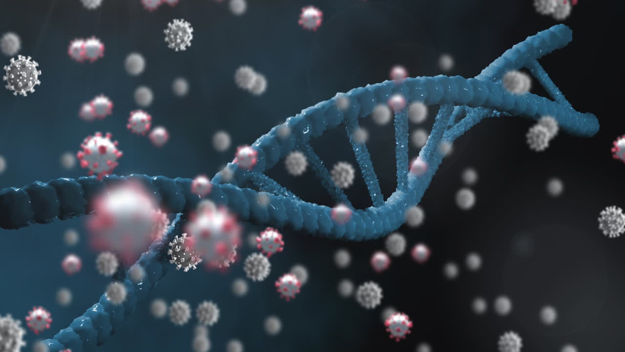 코로나19 세포가 dna 구조 위에 떠다니며 파란색 배경에서 회전합니다.