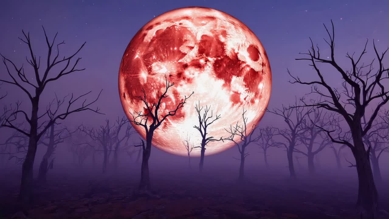 Blood Moon Over Spooky Bare Trees in Fog