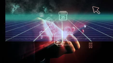 animación de iconos de negocios sobre la mano utilizando la tableta