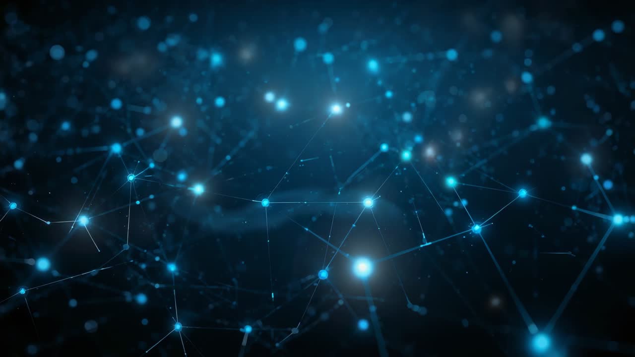 Brightening cyan-blue nodes causing network reconfiguring in deep-blue field, with thin lines