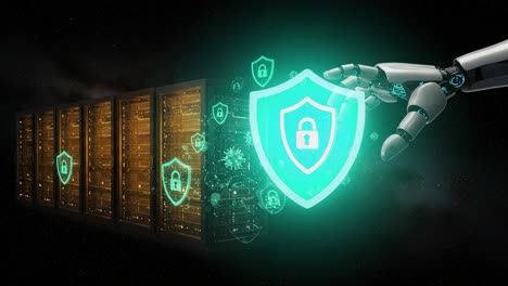 a robotic hand protects digital data with secure encryption as it interacts with high-tech server systems in a cybernetic environment