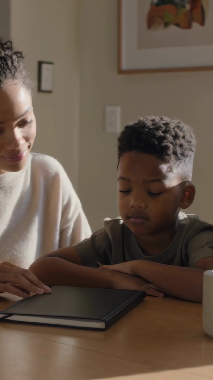 Vertical video: Leaning mother in cream top helping son at kitchen table, son glancing at notebook