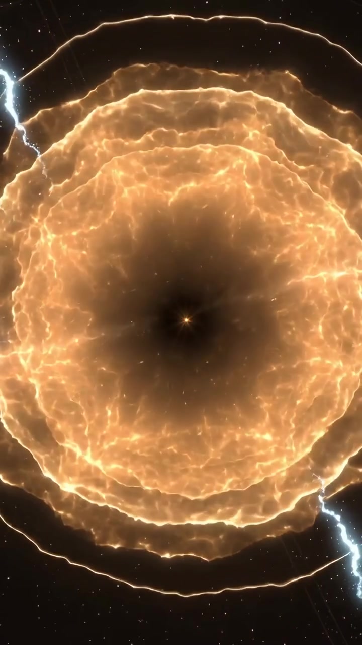 Video vertical: Plasma chispeante estallando, formando anillos dorados en el espacio, con pequeños arcos azules puntuales que se asientan.