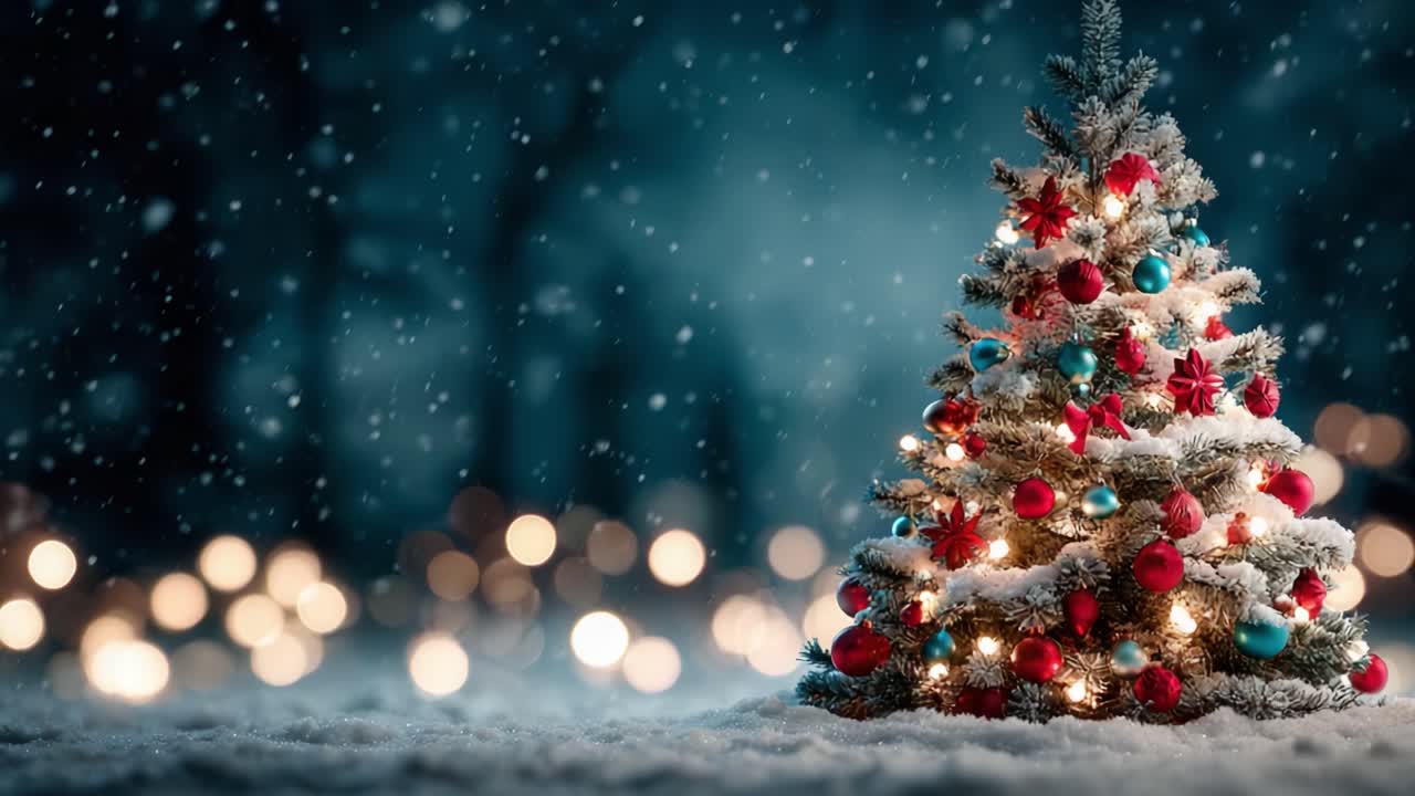 Un albero di Natale decorato con gusto, scintillante di luci e decorazioni in un paese delle meraviglie invernale, circondato da neve che cade dolcemente ed effetti bokeh abbaglianti