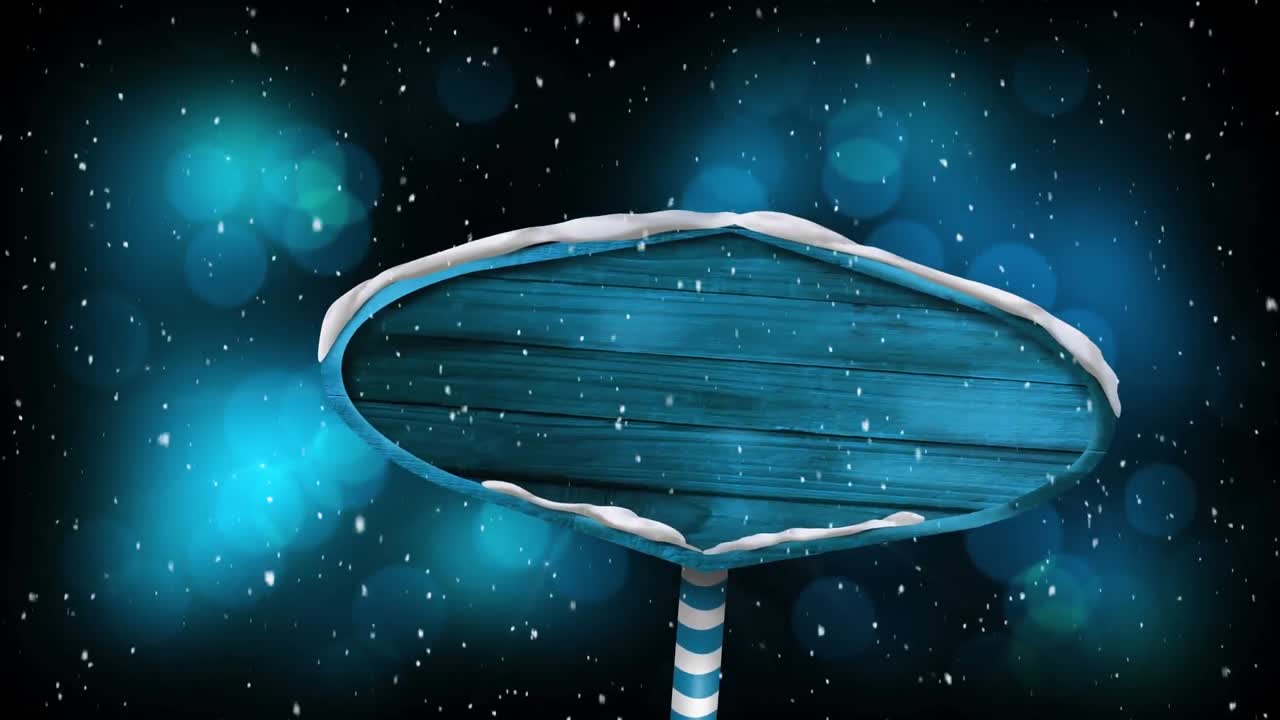 파란색 나무 표지판 위에 내리는 눈의 디지털 애니메이션