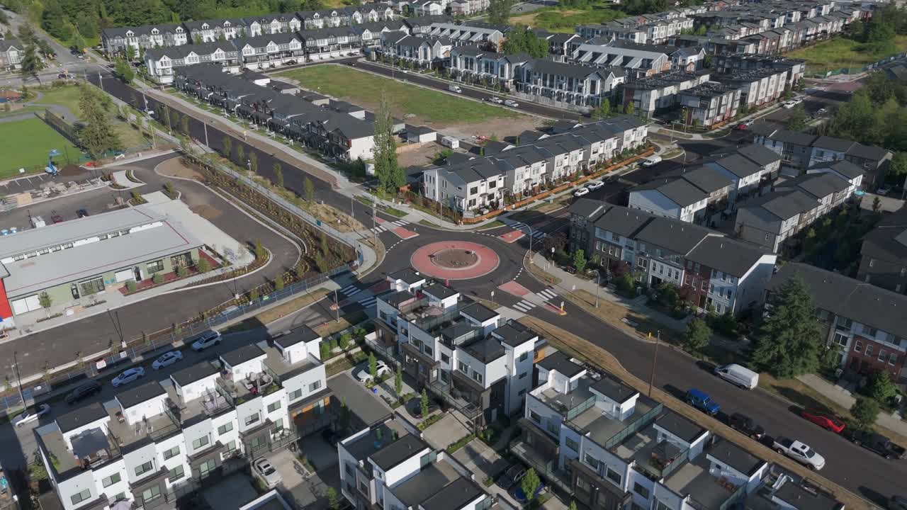 Aerial View Of Roundabout Surrounded With Townhomes In Langley, BC, Canada