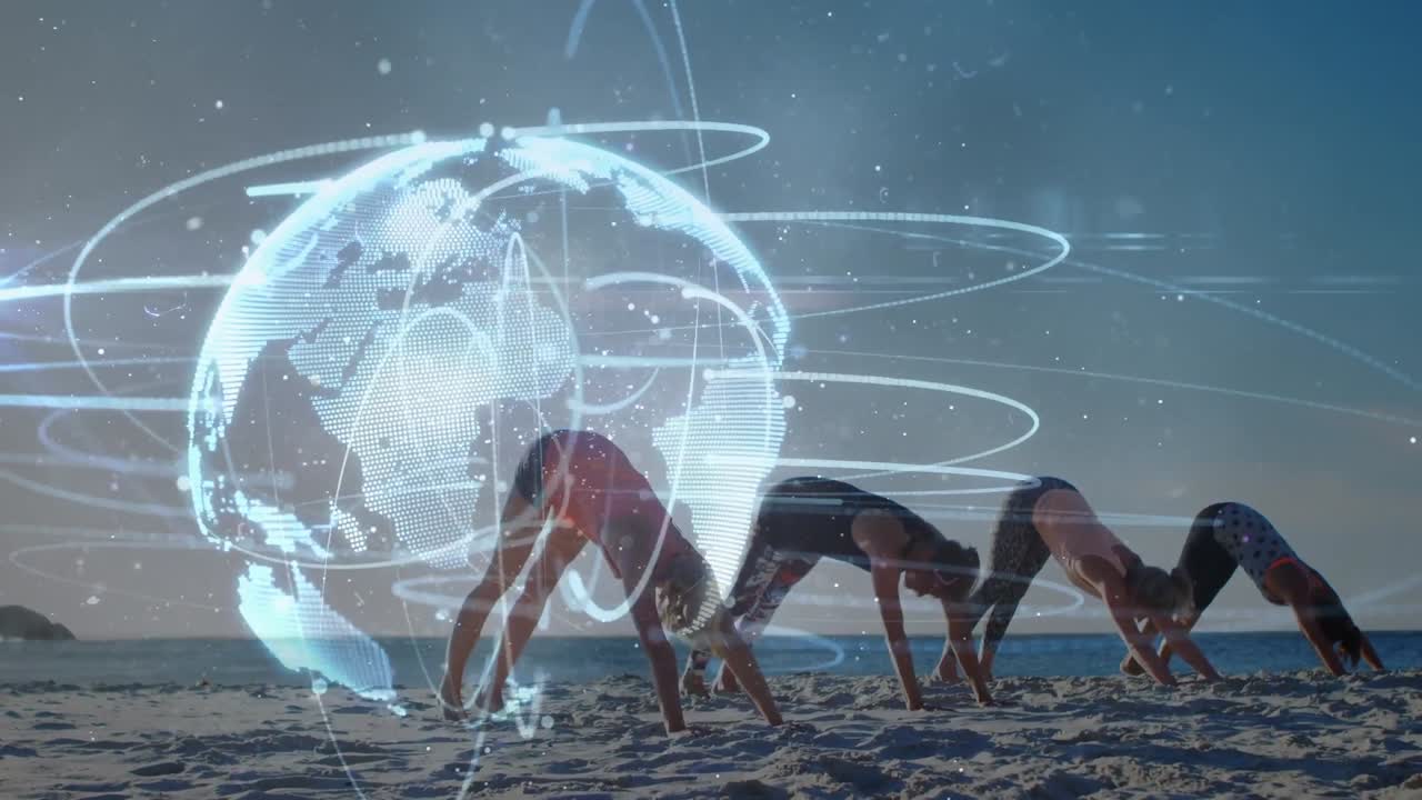 Animation of connections and globe over diverse women practicing yoga on beach at sunset