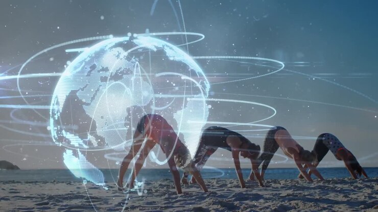 Animation von Verbindungen und einem Globus über verschiedenen Frauen, die Yoga am Strand bei Sonnenuntergang praktizieren