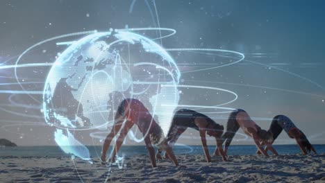 animation of connections and globe over diverse women practicing yoga on beach at sunset