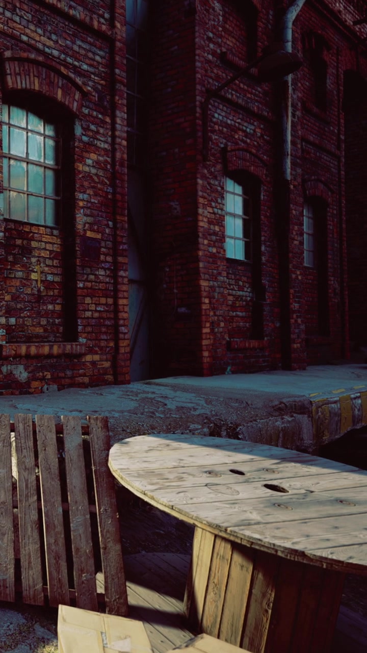 Old building with wooden table and crates near brick wall in daylight