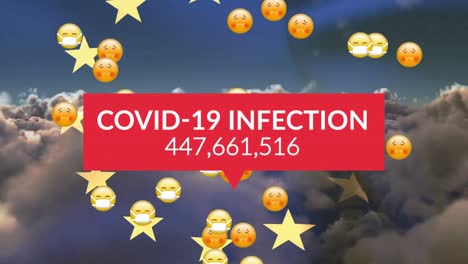 Animation-of-covid-19-infection-text-with-emojis-over-european-union-flag-and-clouds